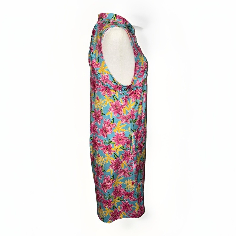 Gottex Turquoise Sleeveless Floral Shift Dress with Pink and Yellow Blooms - Picture 4 of 7